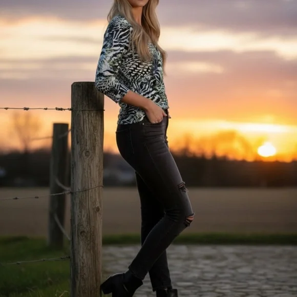 Milano Zebra and Leopard Print 3/4 Sleeve Ruching Top - Picture 3 of 11